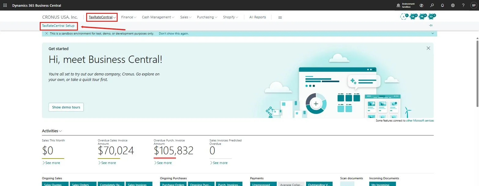 The TaxRateCentral menu and the TaxRateCentral Setup action on the Business Manager role center