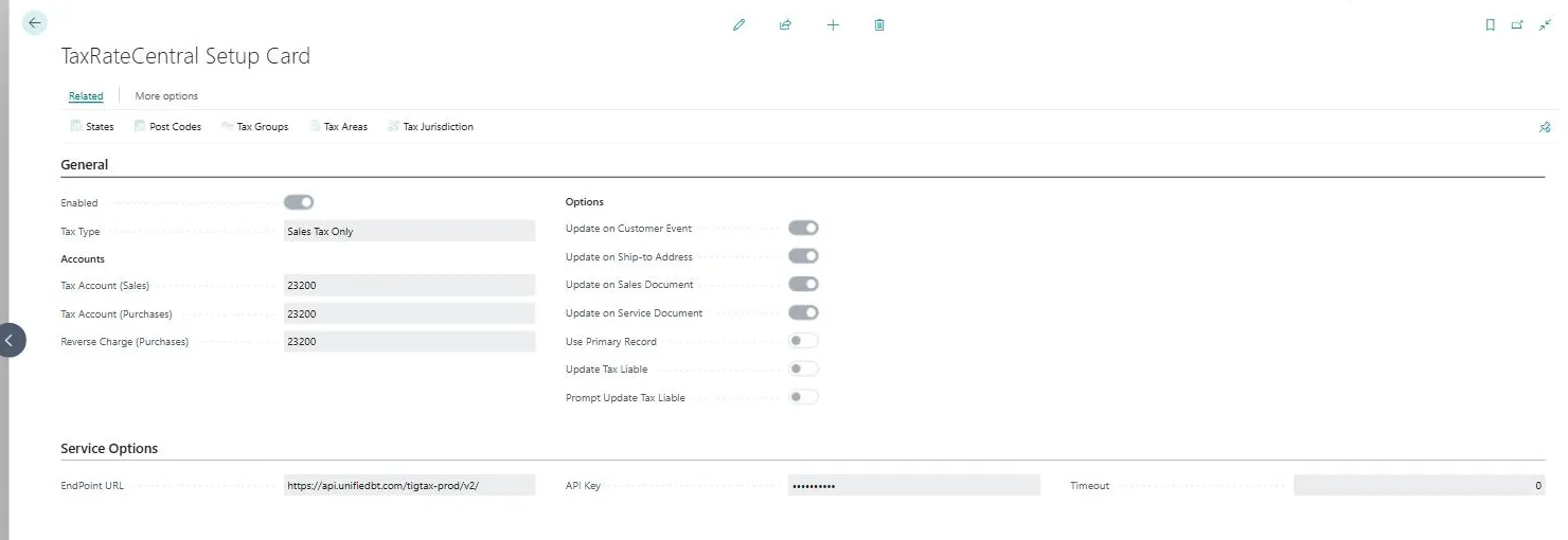 The TaxRateCentral Setup Card with the General, Accounts, Options, and Service Options sections