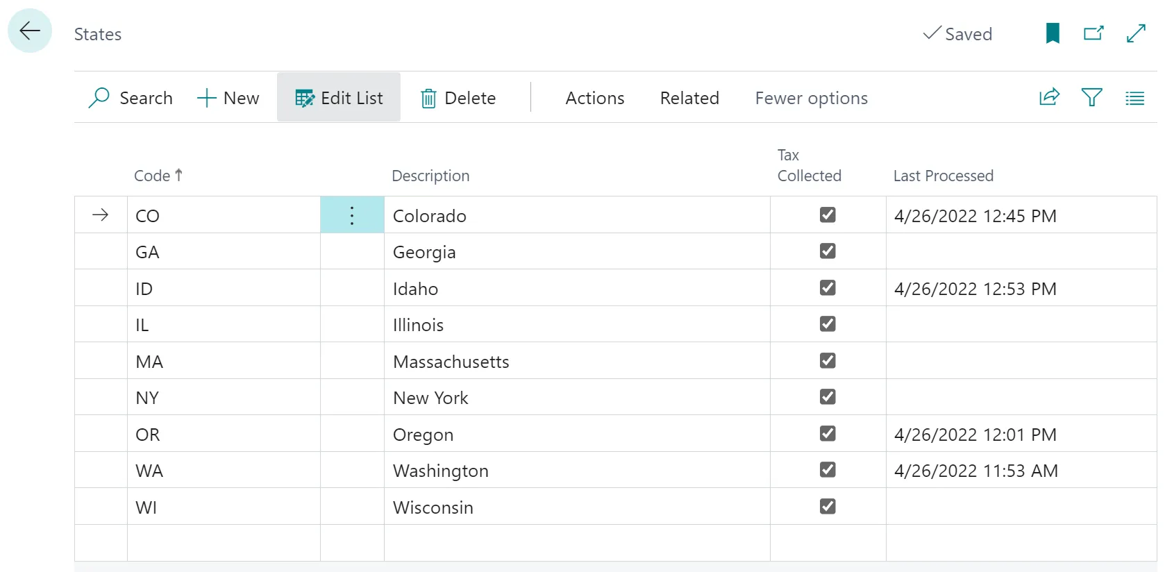 The States page with the Code, Description, Tax Collected, and Last Processed columns