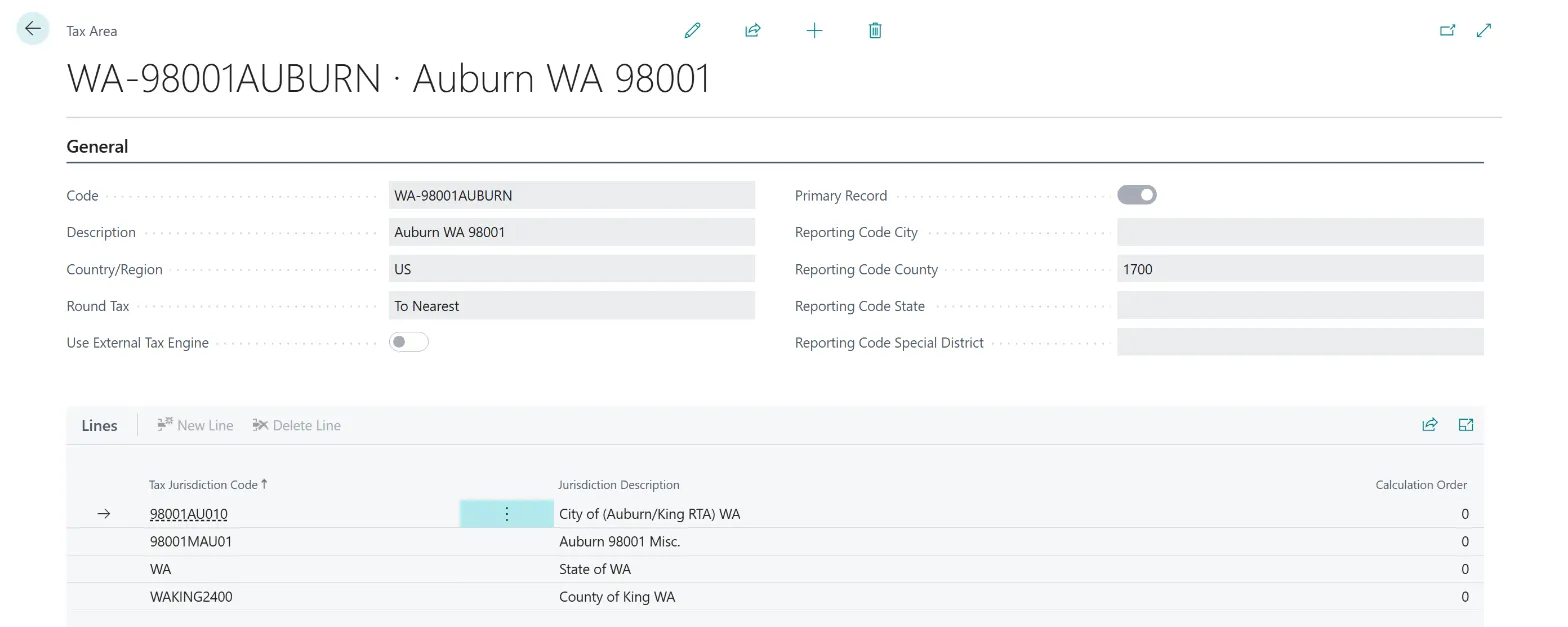 A Tax Area card with the Primary Record field and the state, county, and city tax area lines
