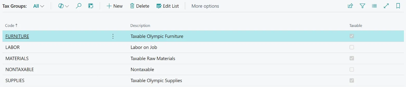 The Tax Groups page with the Taxable column that TaxRateCentral adds