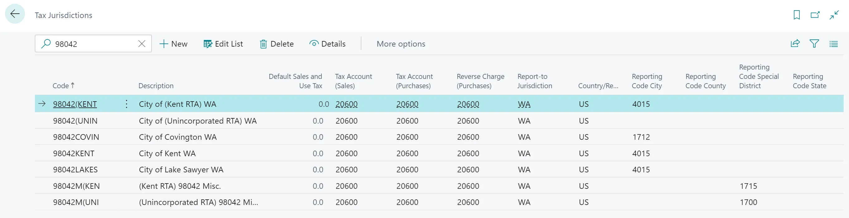 The Tax Jurisdictions list with the reporting code columns