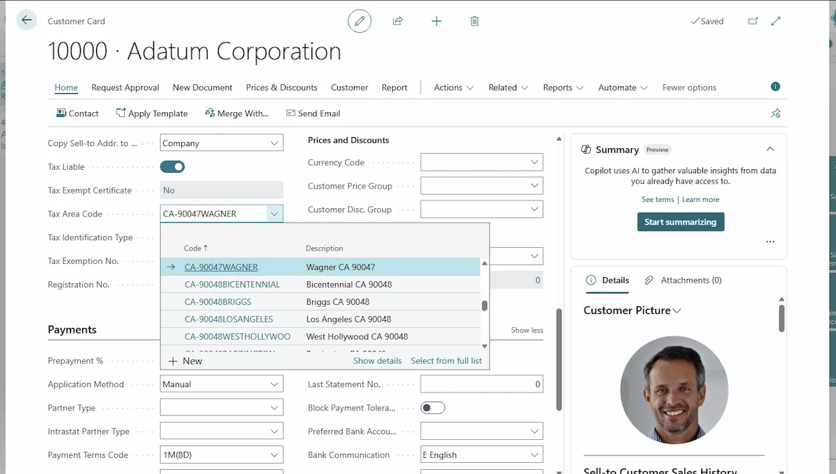 Tax area code assigned by postal code on a customer record in Microsoft Dynamics 365 Business Central