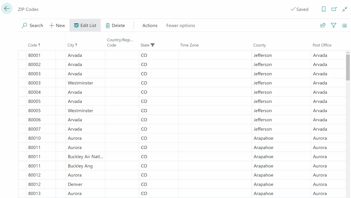 ZIP, city, county, and state post code data populated in Microsoft Dynamics 365 Business Central
