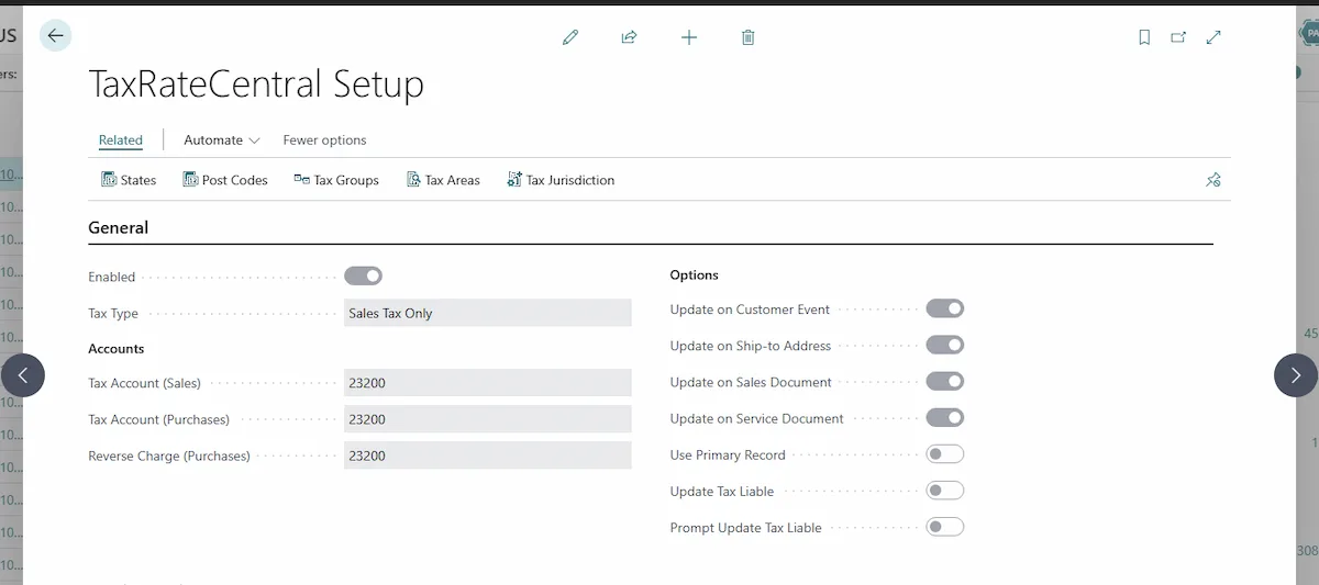 Sales tax rate setup kept current inside Microsoft Dynamics 365 Business Central