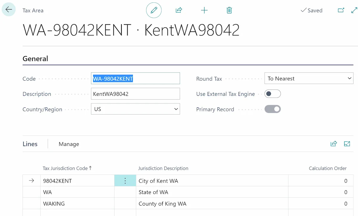 Tax area code and jurisdiction rate setup in Microsoft Dynamics 365 Business Central