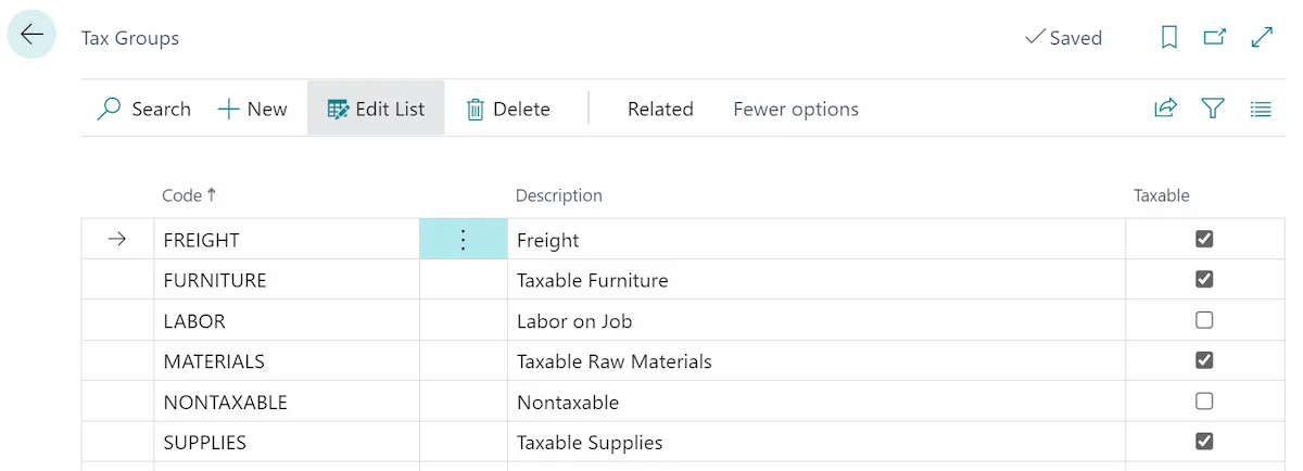 Tax group taxability settings with per-state overrides in Microsoft Dynamics 365 Business Central